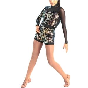 Weissman Dance Romper Sequin Black Mesh Long Sleeve Costume Adult Jazz Lyrical M